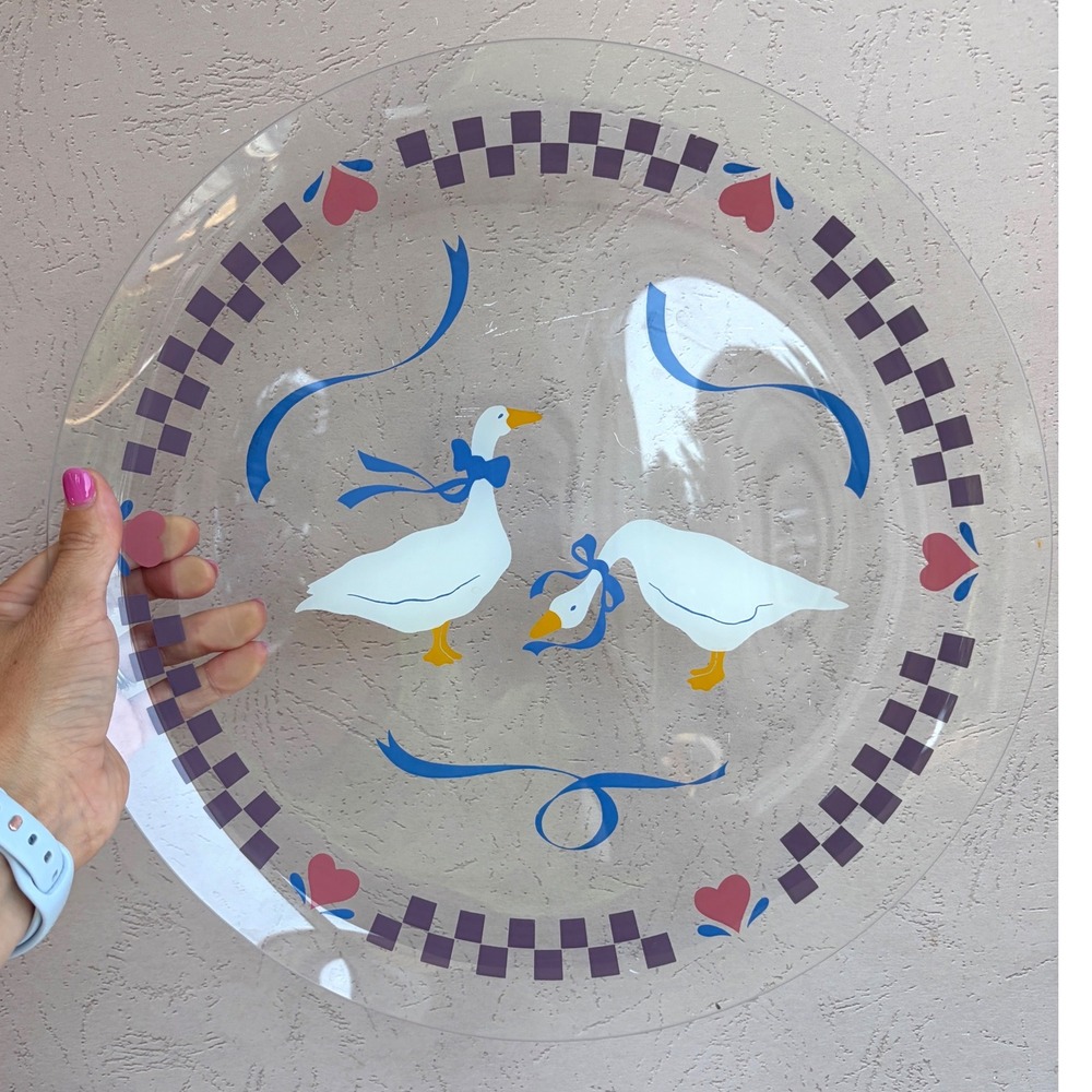 Vintage Country Goose Clear Glass 13 Inch Round Serving Platter Heart Border